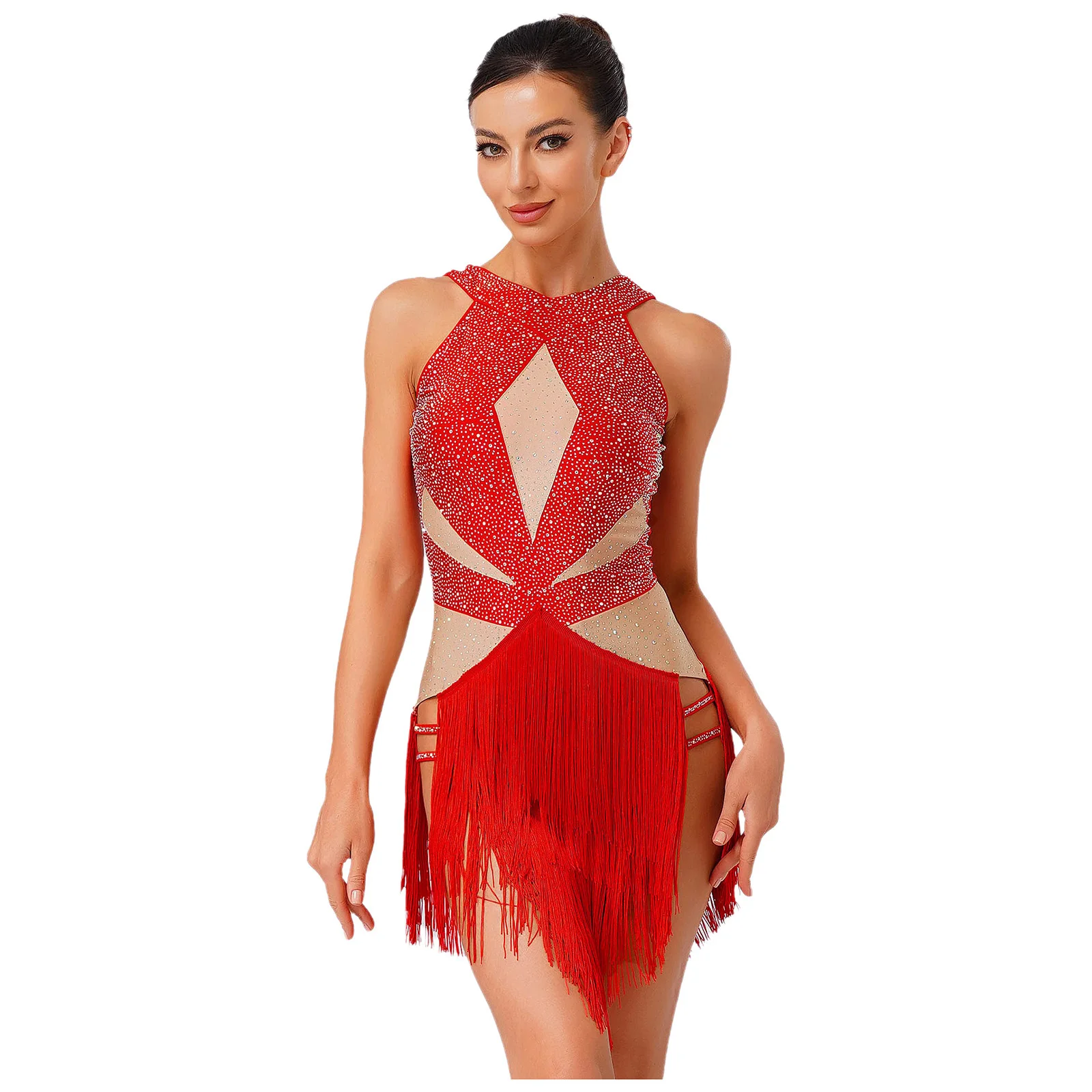 

Womens Tassel Latin Dance Leotard Rhinestones Gymnastics Unitard Bodysuit Dancewear for Tango Cha-cha Rumba Dance Performance