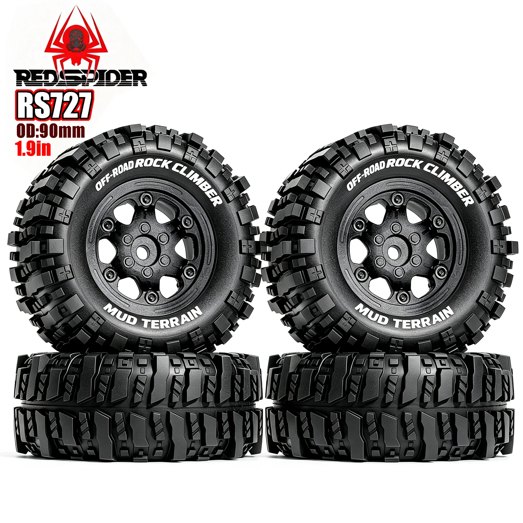 RED SPIDER 4Pcs 1.9 Inch 95mm Rubber Mud Terrain Tyres with Plastic Beadlock Rims for 1/10 RC Car TRX4  YK4107  Upgrade Parts