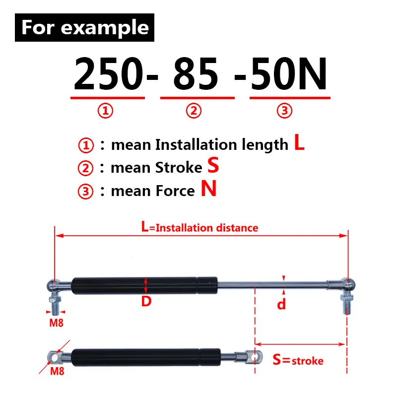 18*8 Rod Stroke gas spring folding hinge 50N-500N/5kg-50kg Force lift support Hole Center Distance 250mm stroke distance 85mm