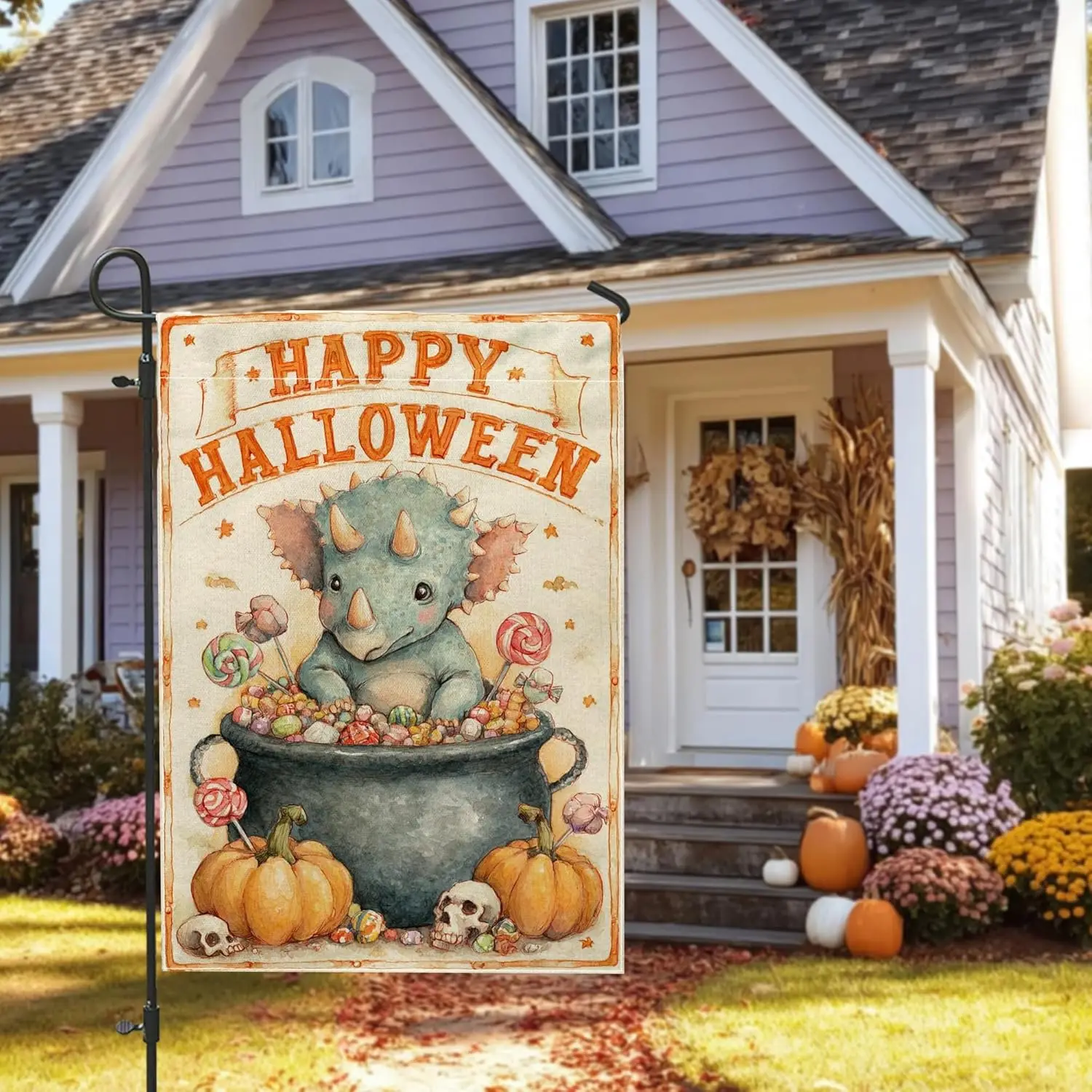 Halloween Dinosaur Garden Flag, Cute Triceratops with Candy and Pumpkins Outdoor Decor, Double Sided Burlap Banner for Fall  yyi