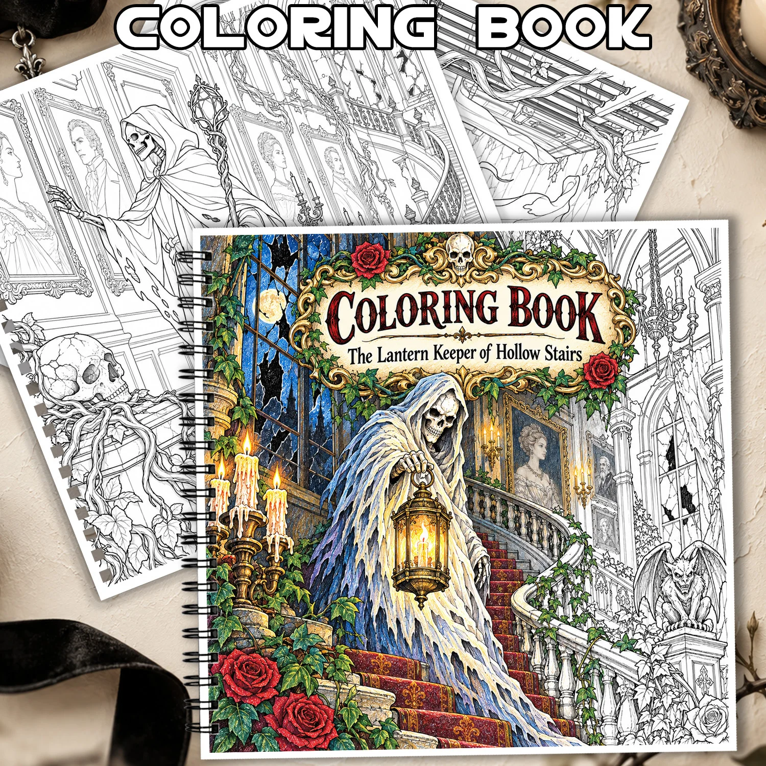 Spiral Binding Coloring Book Christmas Gift For Adults Teens Relieving Stress  Gothic Skeleton Lantern Keeper Design 24 Pages