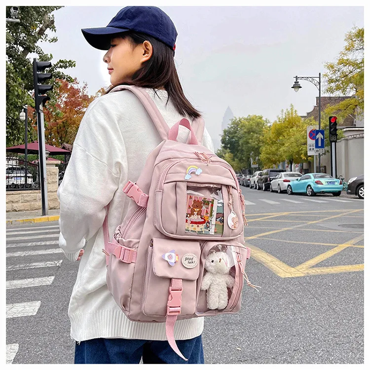 Kawaii Schooltas Meisje Zuid-Korea Multi-Pocket Nylon Basisschool Casual Junior Middelbare School Student Rugzak Meisje Mochila