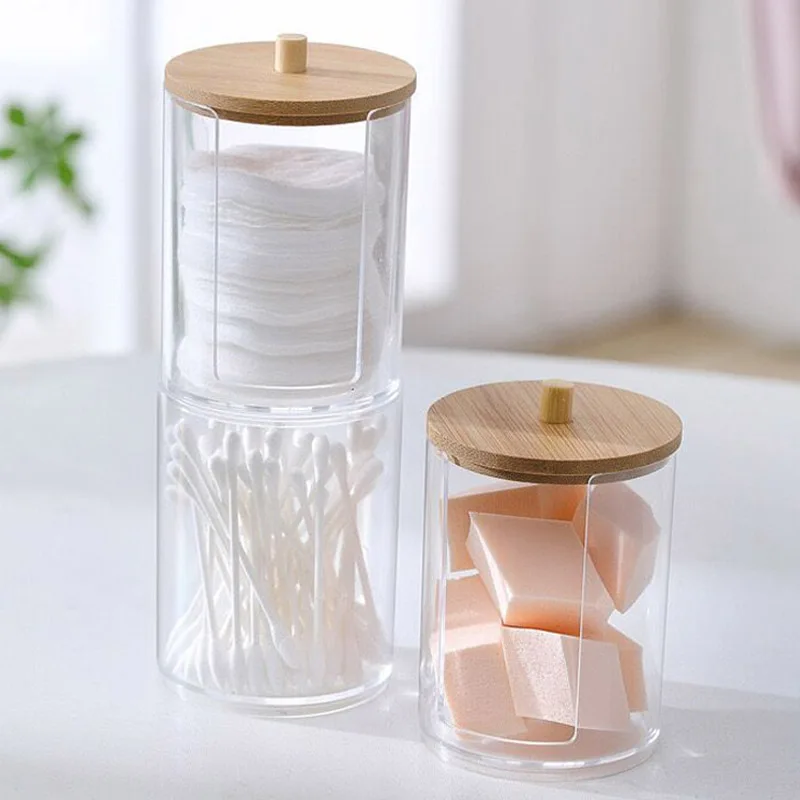 Storage Box Acrylic Cotton Swabs Containerwith Bamboo Transparent Box Cotton Pad Organizer Travel Storage