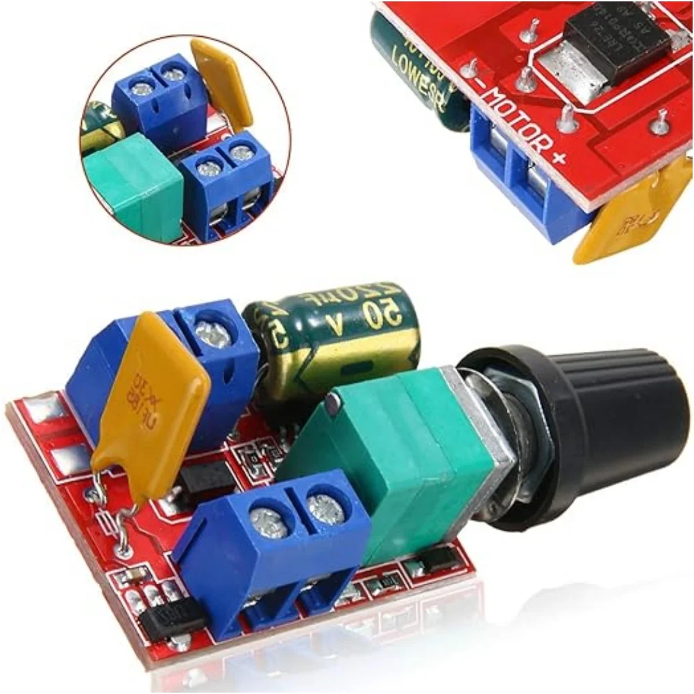 Mini 5A PWM speed regulation module for DC motors with a maximum power of 90W, supporting voltages of 3V, 6V, 12V, 24V, and 35V,