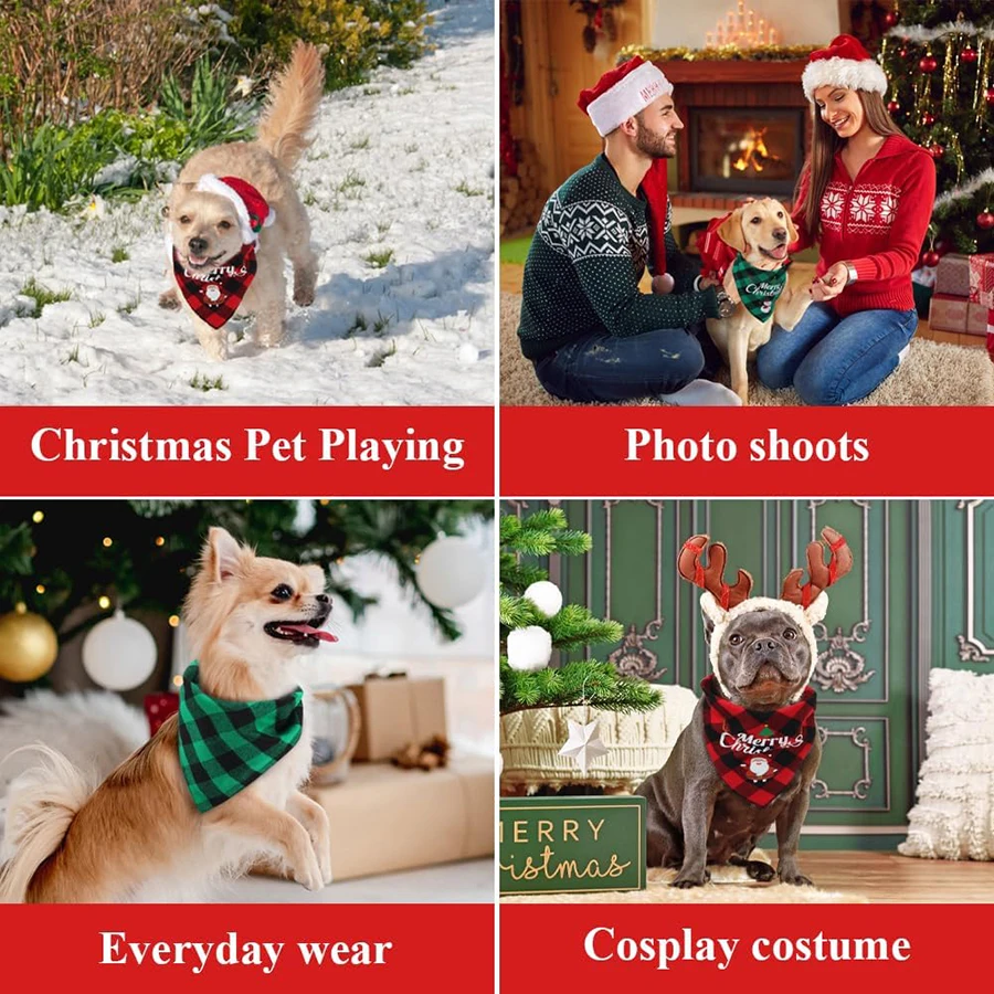 Christmas Dog Bandana, Merry Christmas Plaid Pet Triangle Scarf Bib,Snowman Print Puppy Kerchief for Small Medium Large Dogs