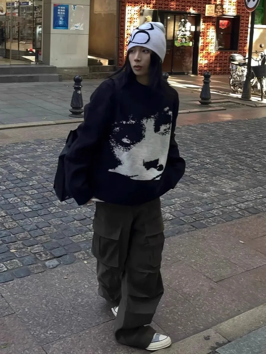 

Мягкий уютный шерстяной трикотаж для женщин, осенне-зимний новый свитер с портретной вышивкой, круглый свободный топ Lazy Sle