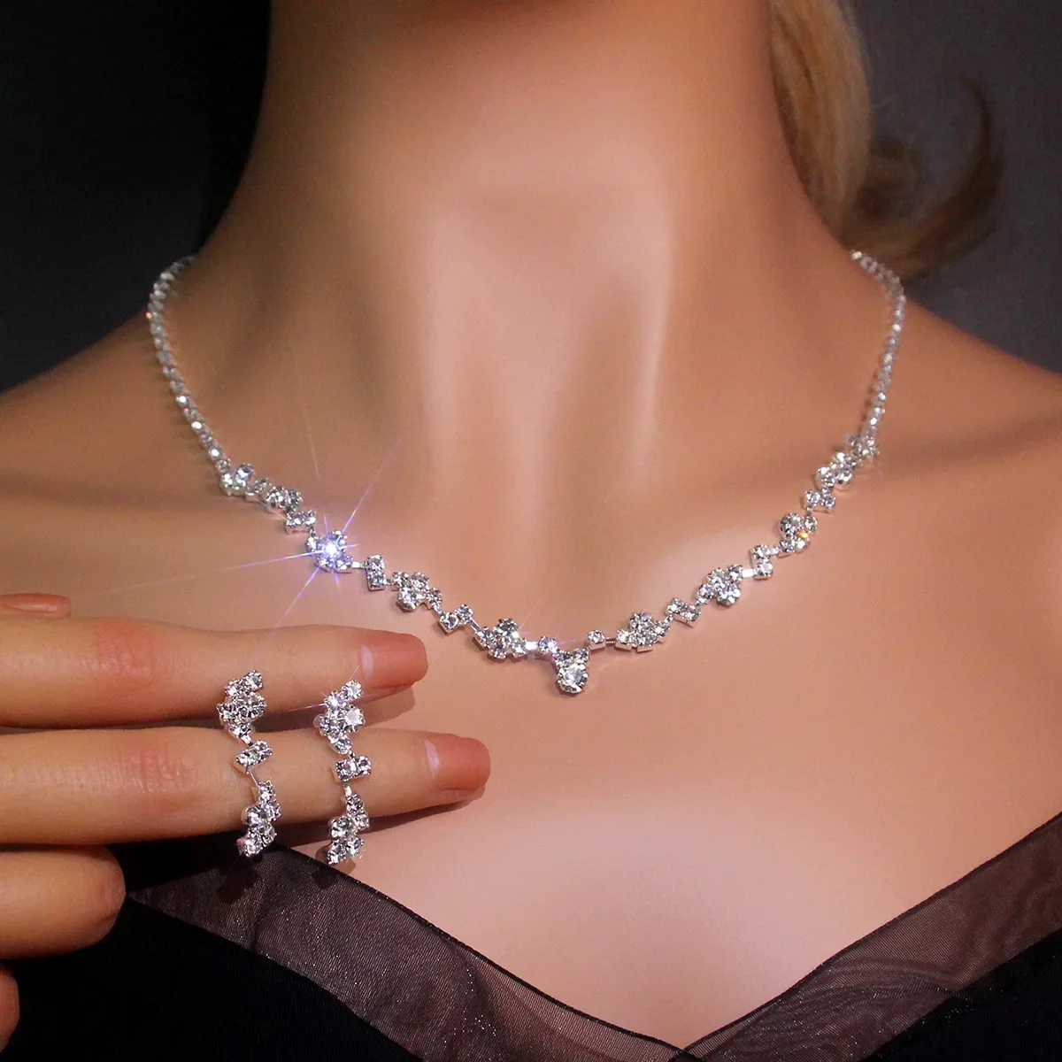 Simple Silver Plated Rhinestone Crystal Choker Necklace Earrings Set Wedding Bridal Bridesmaid African Jewelry Sets