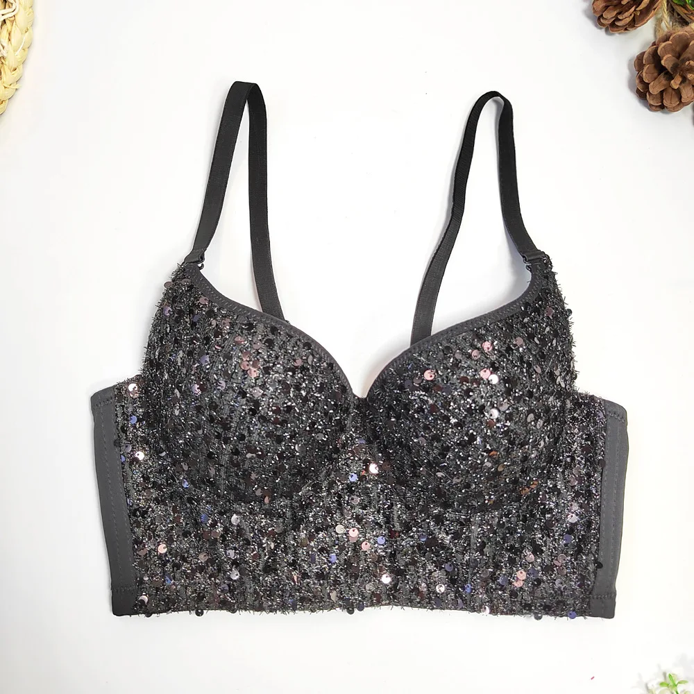 European And American Deep V-Neck Sequined Bodysuit, Push-Up Shapewear Triangle Cup Bra, Nightclub Party Slimming Strapless Top