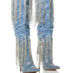 Blue Demin Tassels Decor Boots Sparking Crystal Decor Thin High Heels Shoes for Women Knee High Shoes 2025 Zapatos Para Mujere