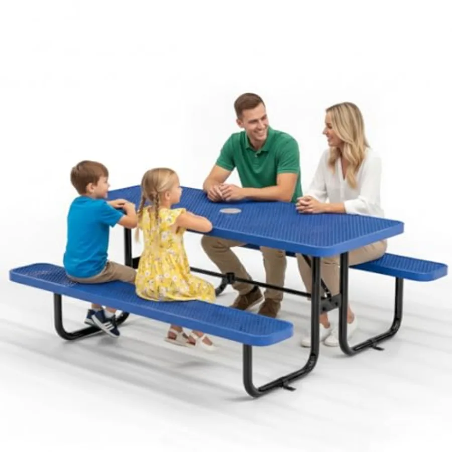 

Commercial Heavy-Duty Metal Picnic Table for Outdoor Use Steel, Gray, ADA Compliant with Adjustable Seats and Umbrella Hole