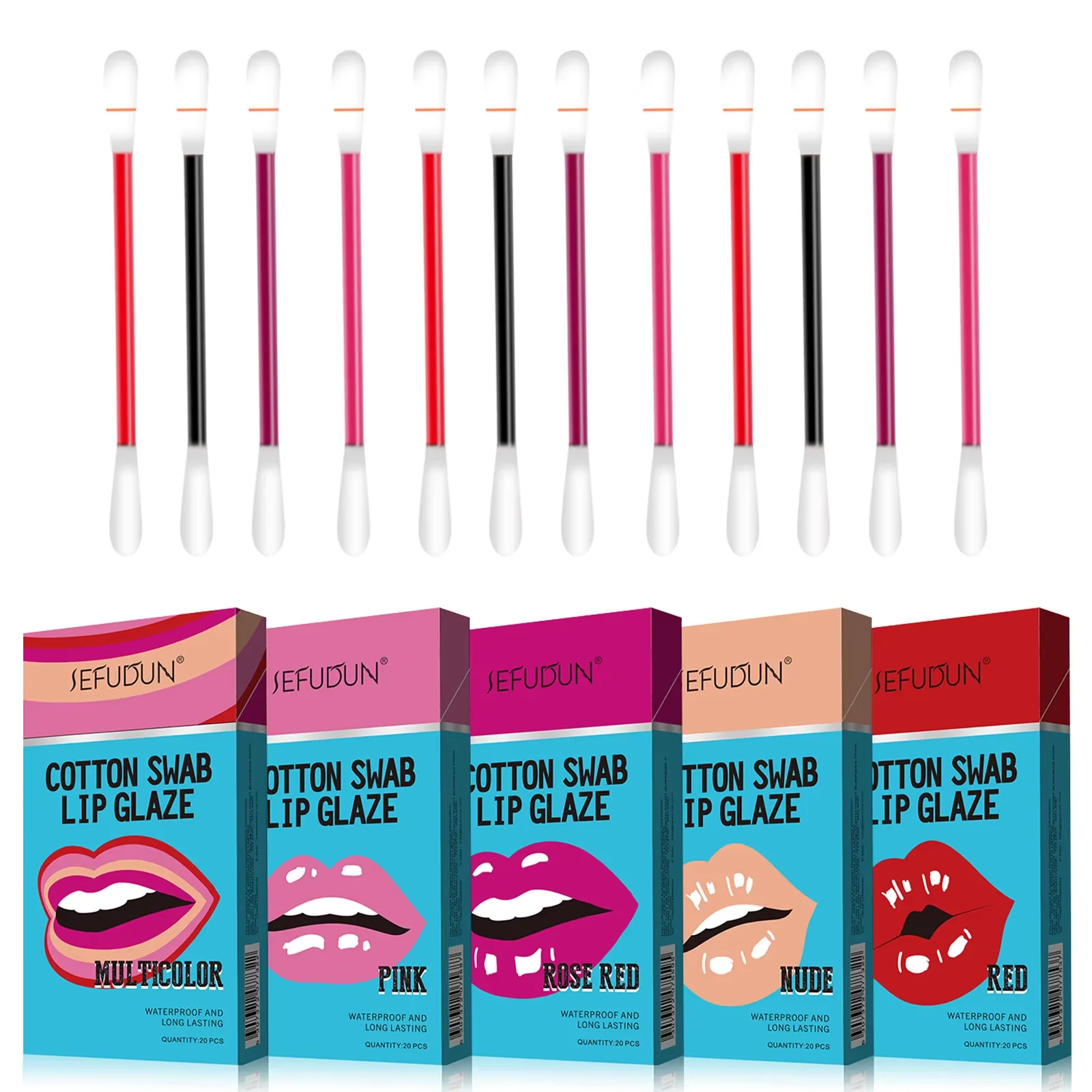 20Pcs Disposable Cotton Stick Lip Tint Waterproof Long Wear Mini Portable Travel Lips Cosmetic Set For Women Daily Makeup