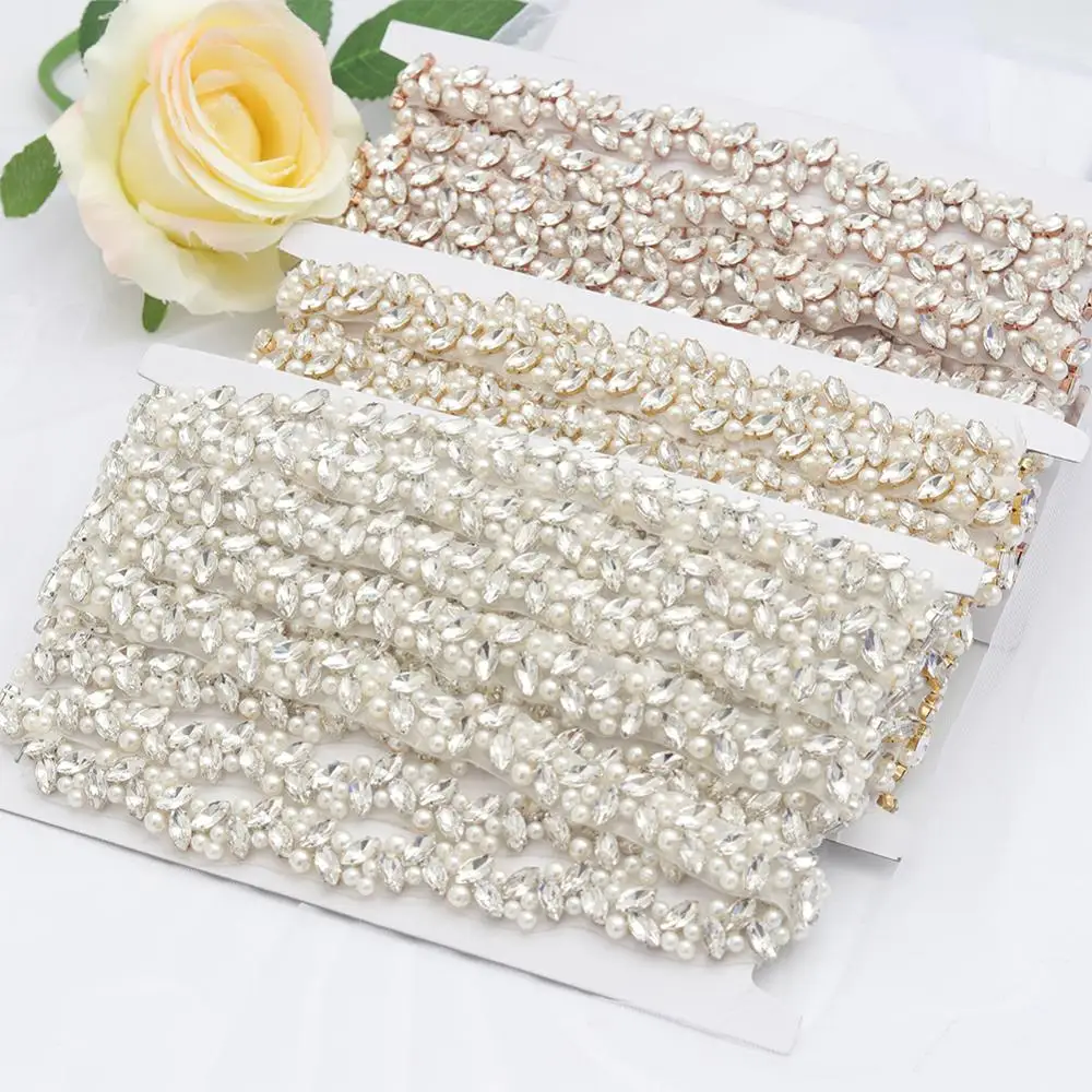 

YANSTAR Wholesale Bridal Pearls Wedding Dress Belts Rhinestones Appliques Trim On 5Yards *2cm For Bridal Sash Gold Crystal YS879