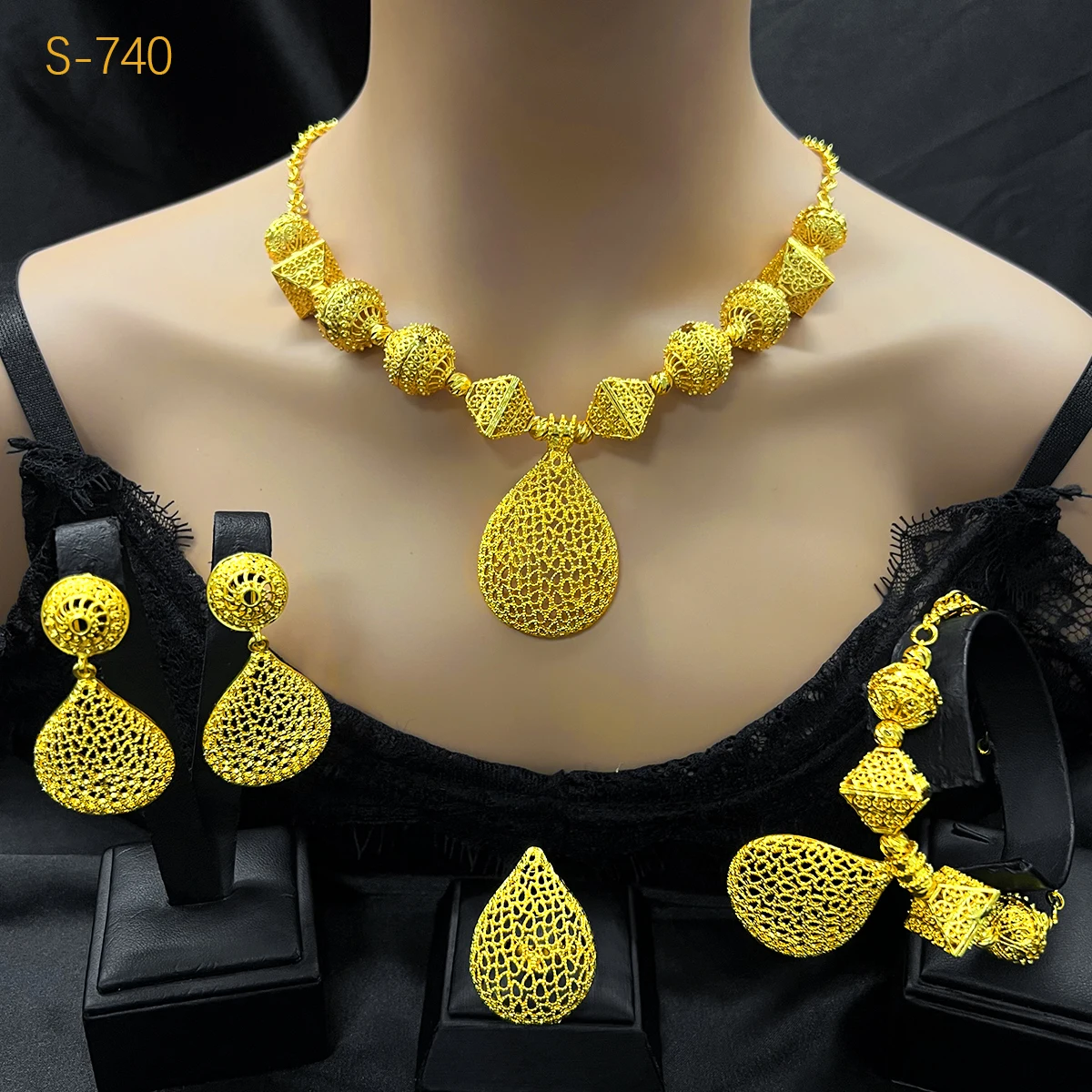 New African Bead Jewelry Set for Women Party Gifts Wedding Accessories Dubai 24K Gold Color Necklace Ring Bangle Earrings Sets