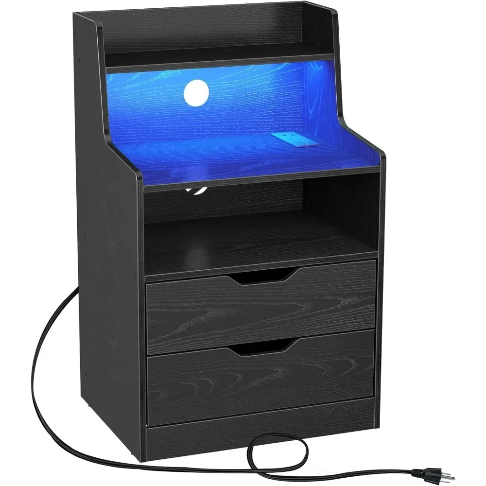 

Nightstand with Charging Station and LED Lights, 2 AC and USB Power Outlets, Night Stand with 2 Drawers and Storage Shelves