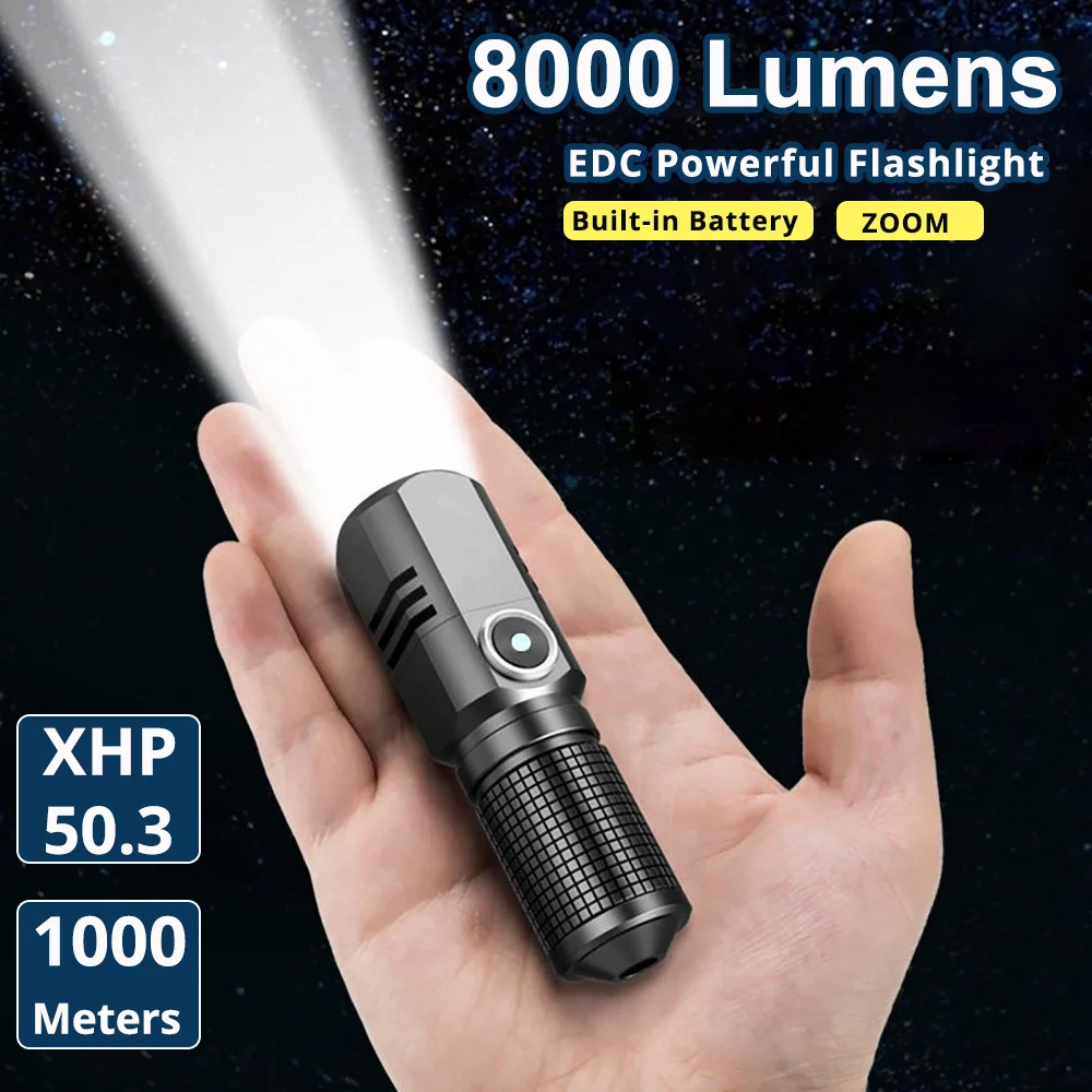 8000 Lumens EDC Powerful Led Flashlight XHP50 Built in Battery 3Modes TYPE-C Usb Rechargeable Flash Light Torch Lamp Flashlights