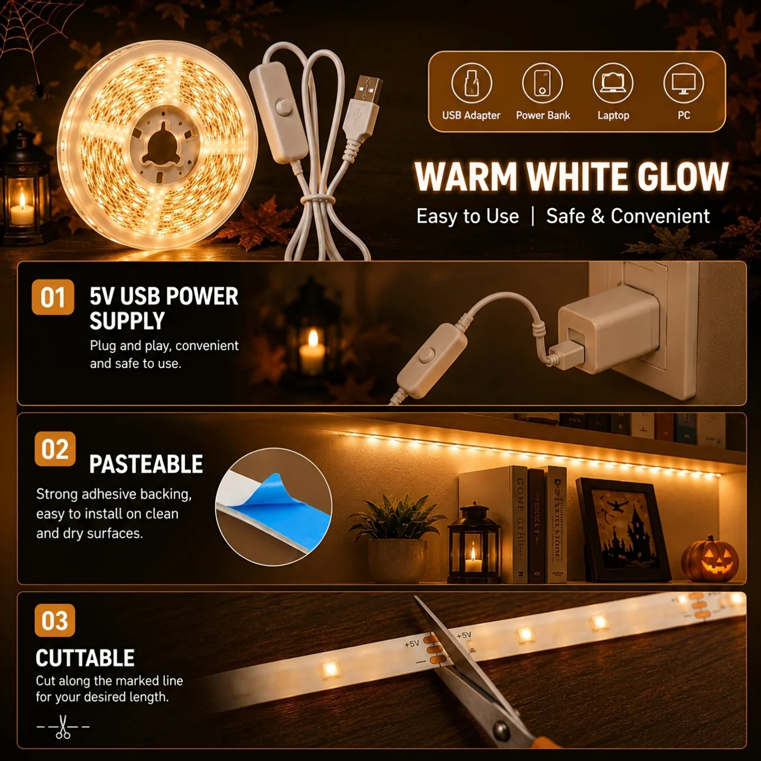 USB LED Strip Lights 2835 SMD Button Switch Cozy Ambient Light For Bedroom Headboard Living Room Home Atmosphere Decor
