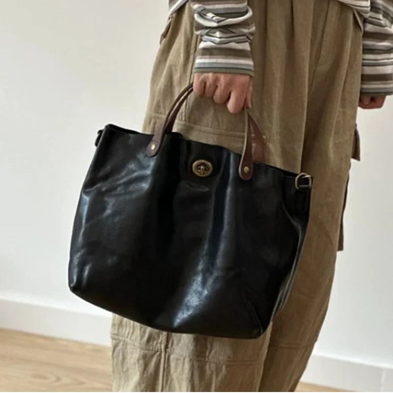 

Брендовая женская винтажная сумка-тоут из натуральной кожи, роскошная однотонная сумка-ведро с замком и молнией, большая вместительная сумка через плечо для повседневного использования