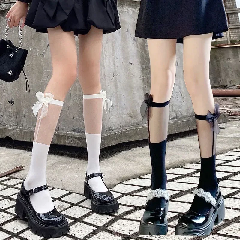 

Fashion JK Girls Lace Calf Socks Summer Thin Mesh Stitching Bow Middle Tube Sock Female Lolita Wear Lace Mid Tube Sock Women