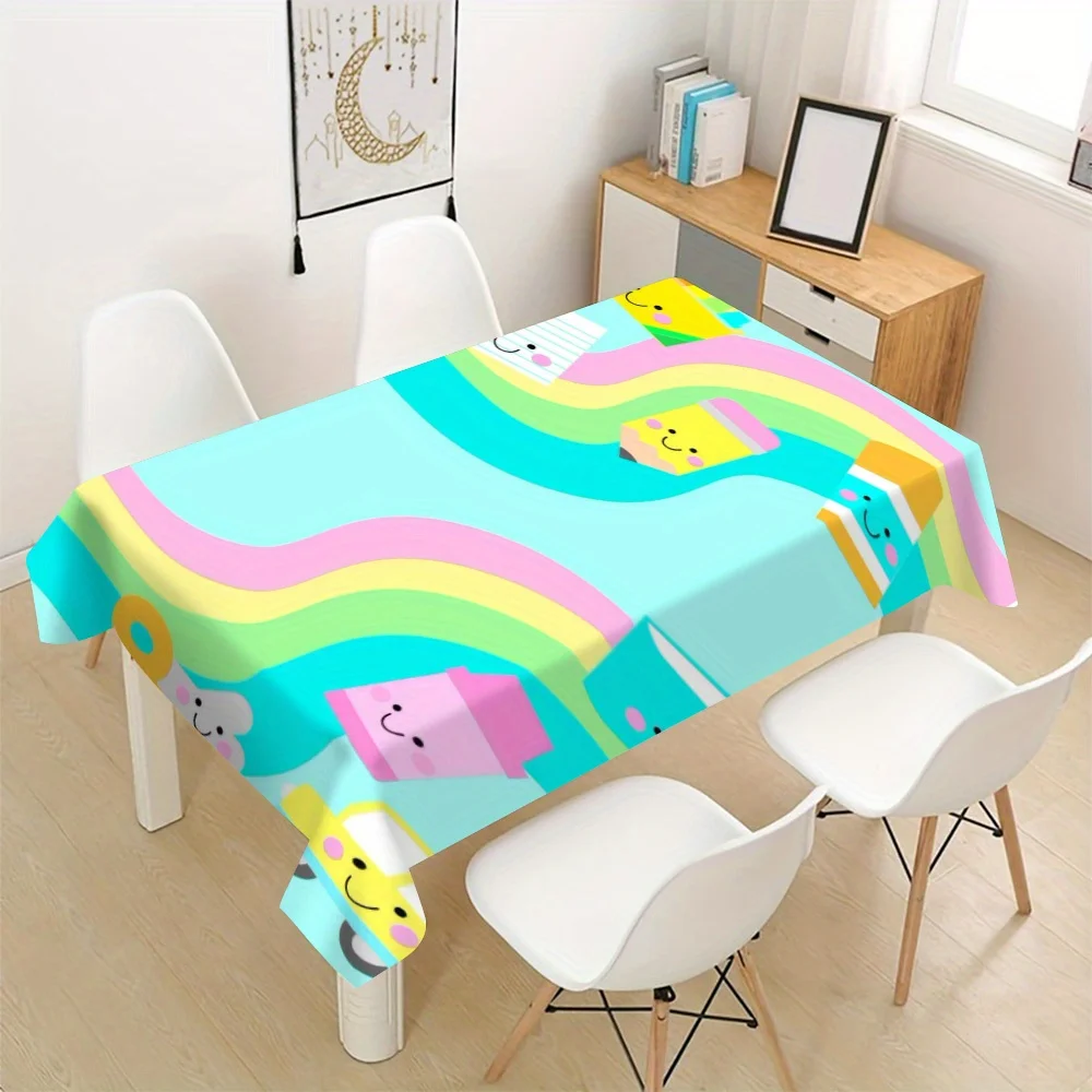 Kids Art Tablecloth,Bright Cyan Cute Cartoon Stationery & Rainbow Pattern,Waterproof Table Cover,Lovely Home Interior Decoration