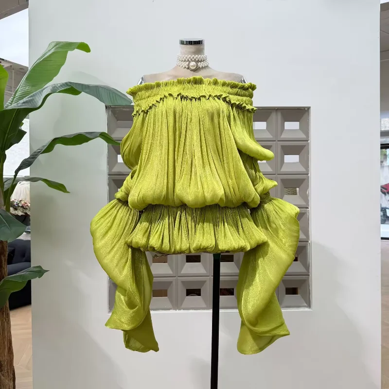 Fashion Off Shoulder Satin Ruffled Dress Set Elegant Puff Long Sleeve Irregular Hem Mini Skirt 2026 NEW Summer Lady Vestidos