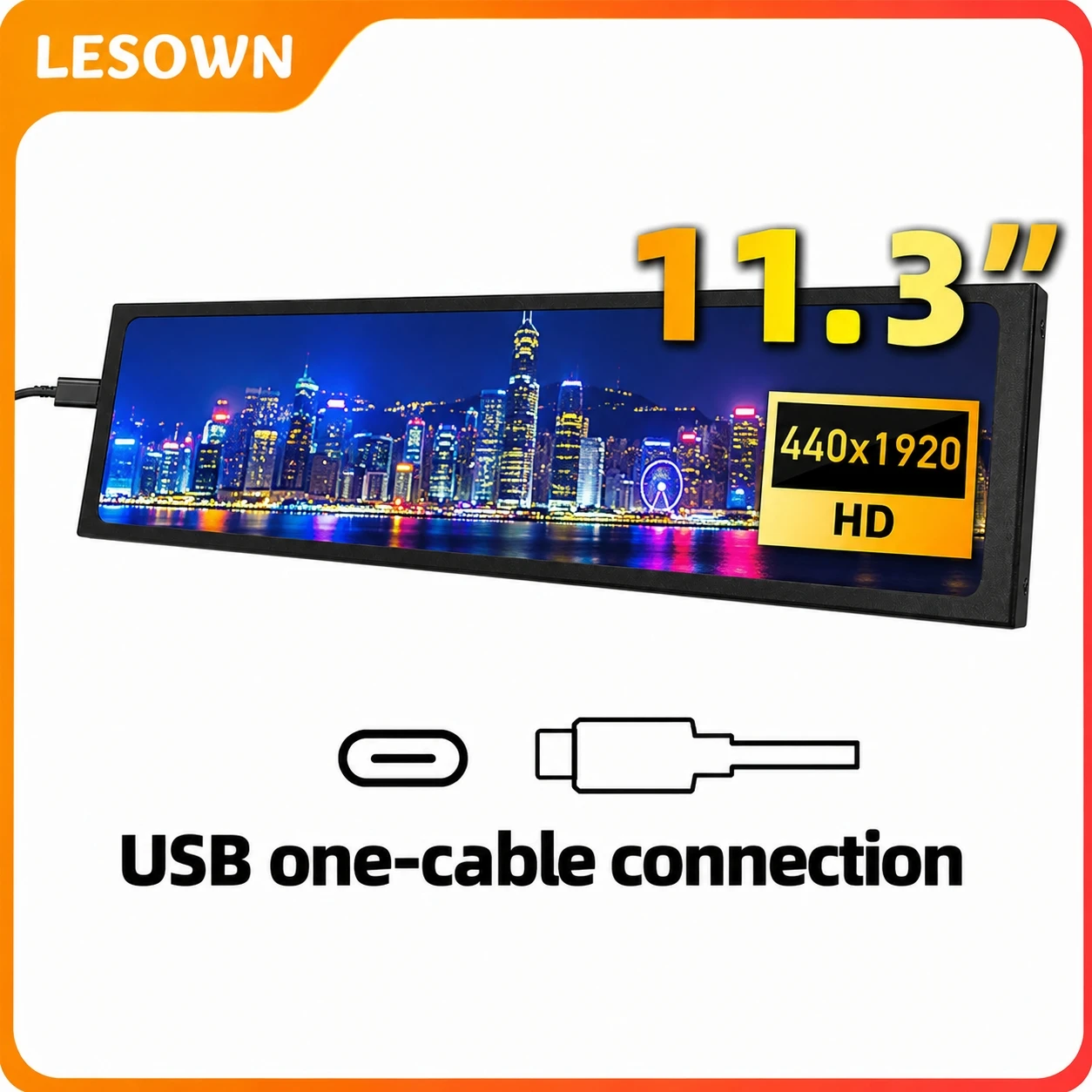 LESOWN 11.3 Inch Long Strip Display 440x1920 Stretched Second Monitor Driverless Metal Screen for Computer Case