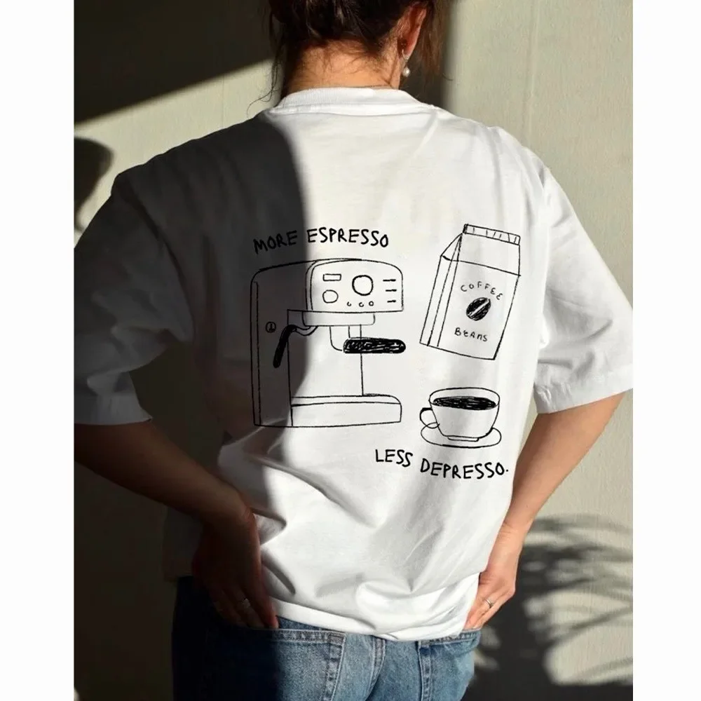 More Espresso Less Depresso Letter Print T-Shirt Aesthetic Coffee Lover Graphic Tees Unisex Short Sleeve Loose Cotton T Shirts