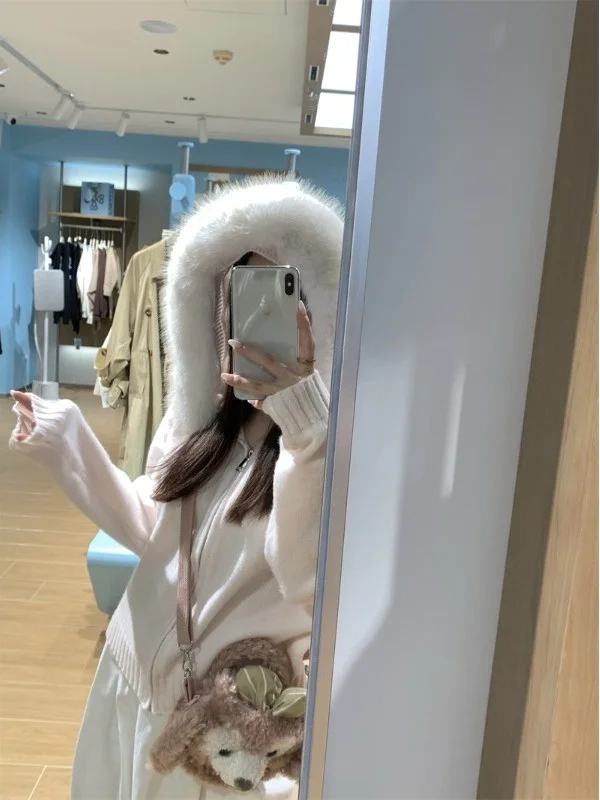 퍼 칼라와 지퍼가 있는 한국 슬레 블라 치즈 클라우드 스노우볼 니트 스웨터 코트, 오버사이즈 길이의 따뜻한 보온 롱 스웨터