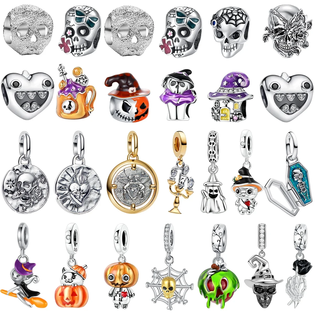 2025 هالوين 925 فضة الجمجمة سحر مضيئة اليقطين شبح مهرج قلادة بها خرزات حلقة قلادة سوار DIY بها بنفسك مجوهرات هدية