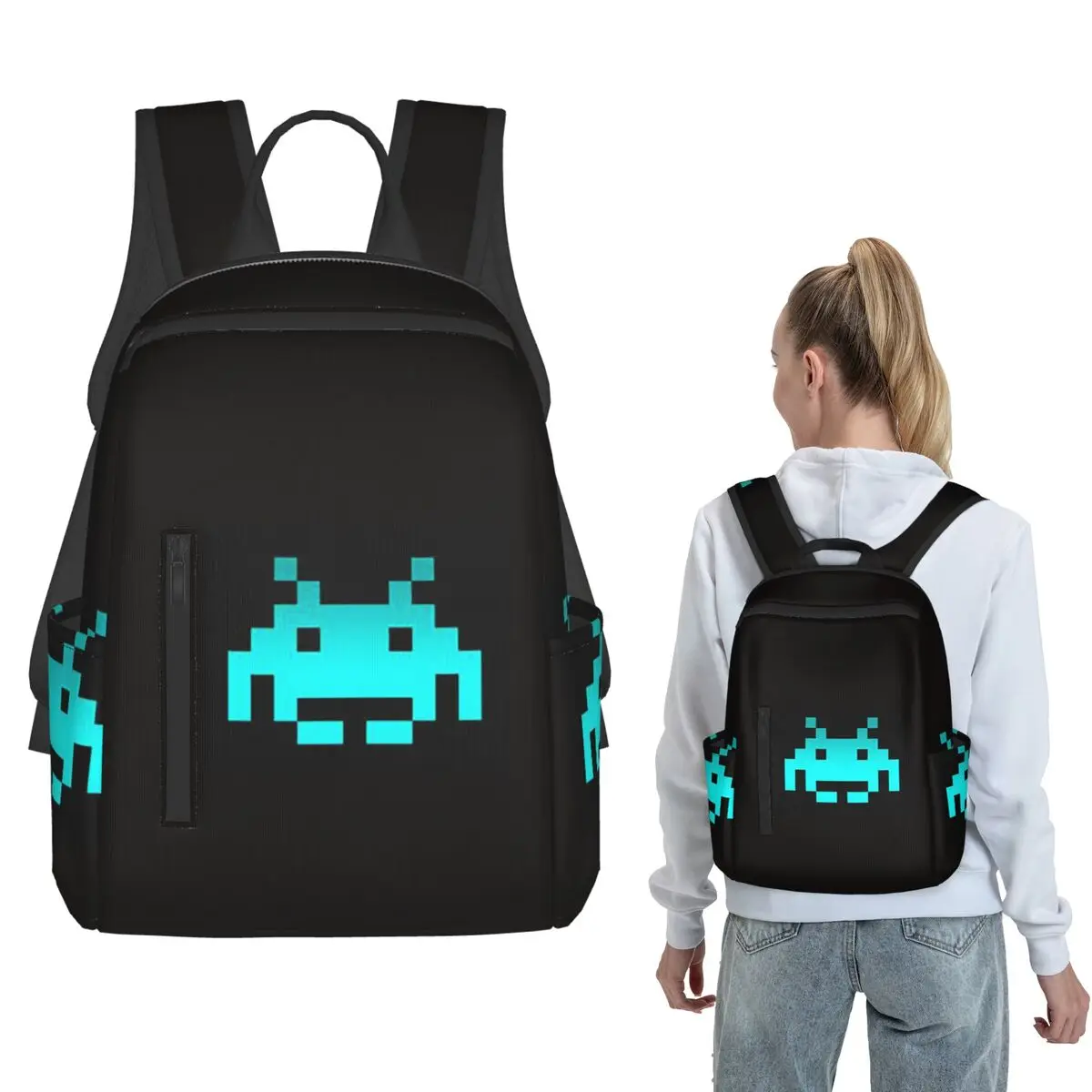 Retro Game Space Invaders Black Backpack Large Capacity Boys Girls BookBag School Bag Shoulder Bags for Men Women