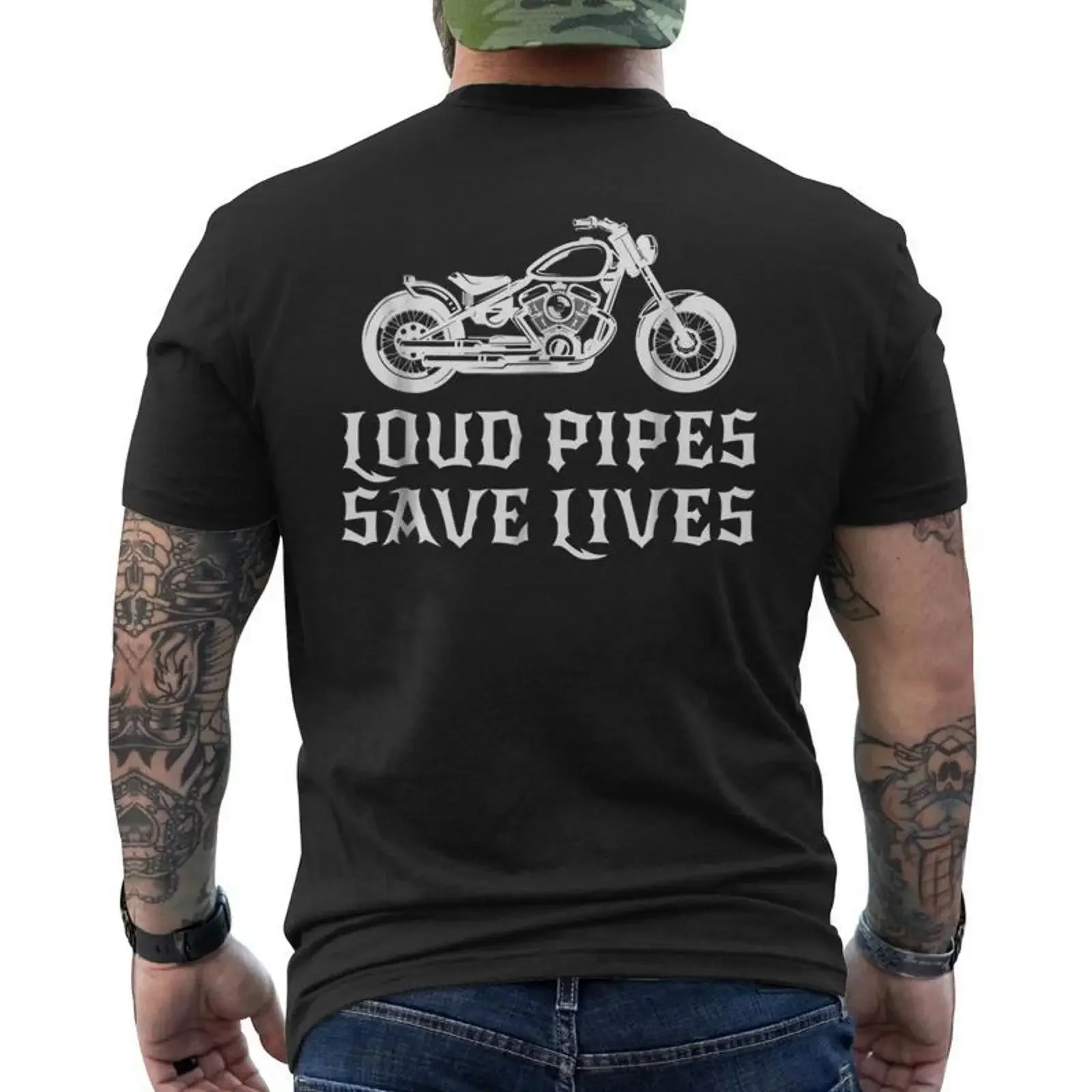 Loud Pipes Save Lives Bike Motorcycle Riding Herren-T-Shirt mit Rückenaufdruck Mazezy AU Vintage Washed Soft Vielseitige Mode für Herren