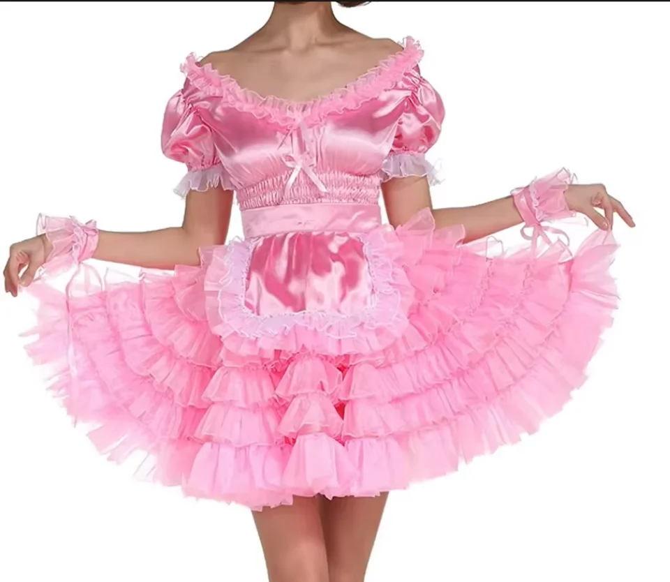 

New Hot Selling Sissy Lockable Pink Satin Organza Maid Dress Adult Baby Crossdresser Party Daily Unisex Dress Customized Dress
