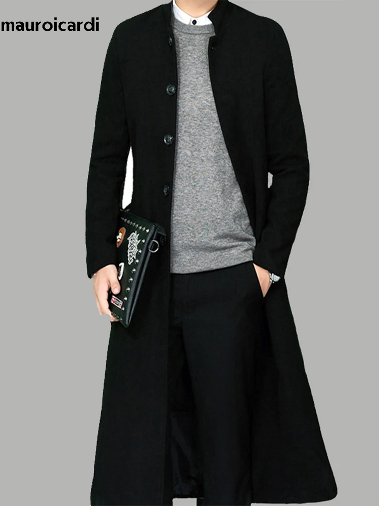 Mauroicardi Autumn Winter Long Fitted Black Thick Warm Soft Wool & Blends Coat Men Single Breasted Luxury Designer Overcoat 2023