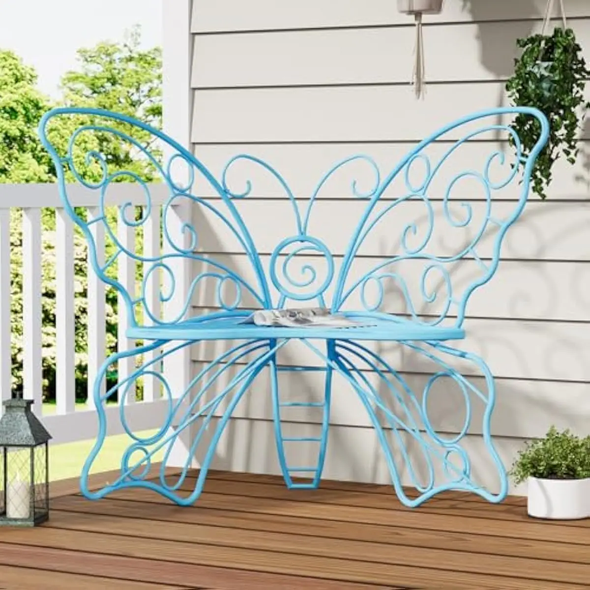 49 Inch Garden Butterfly Bench Featuring Powder-Coated Iron Frame for Outdoor Durability and Indoor Versatility in Vibrant Blue