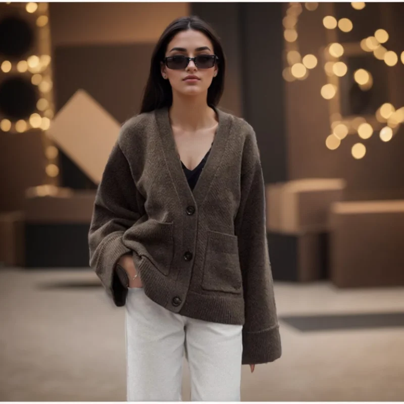 Casual Elegant Knit Cardigan V Neck Long Sleeve Slim Sweater Pocket Sweater Coat For Women 2024 Autumn New Lady Knit Outerwear