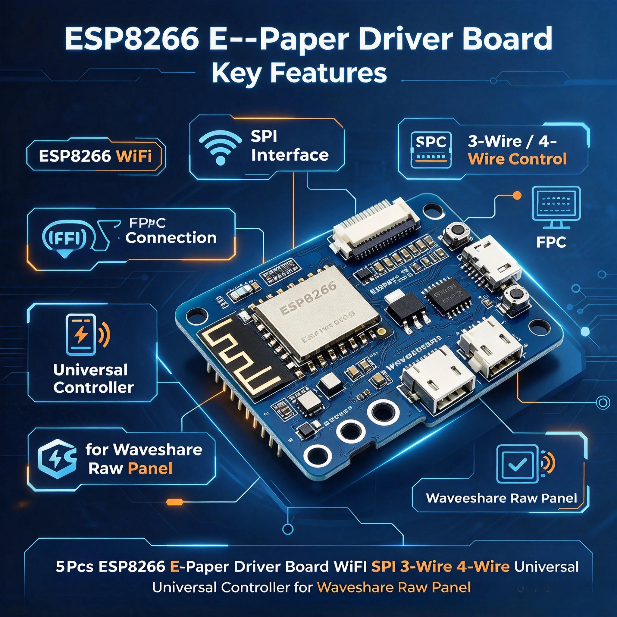 5Pcs ESP8266 E-Paper Driver Board WiFi SPI 3-Wire 4-Wire Universal Controller for Waveshare Raw Panel