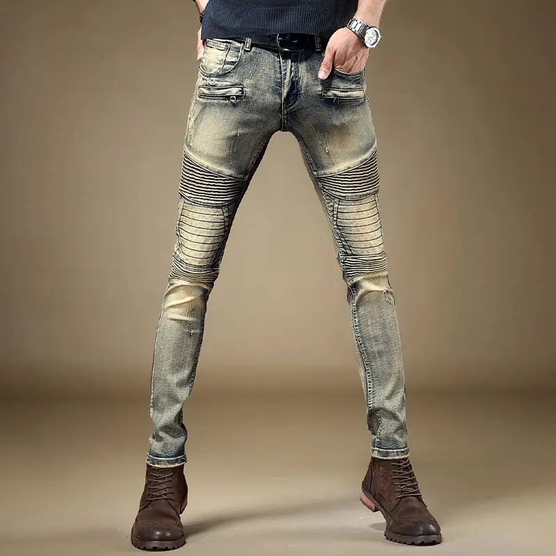 عربات التي تجرها الدواب رجل كاوبوي السراويل ضيق الأنابيب سليم صالح دراجة نارية نحيل بنطلون Kpop الجمالية Y 2k خمر مصمم Y2k Xs الجينز للرجال #4