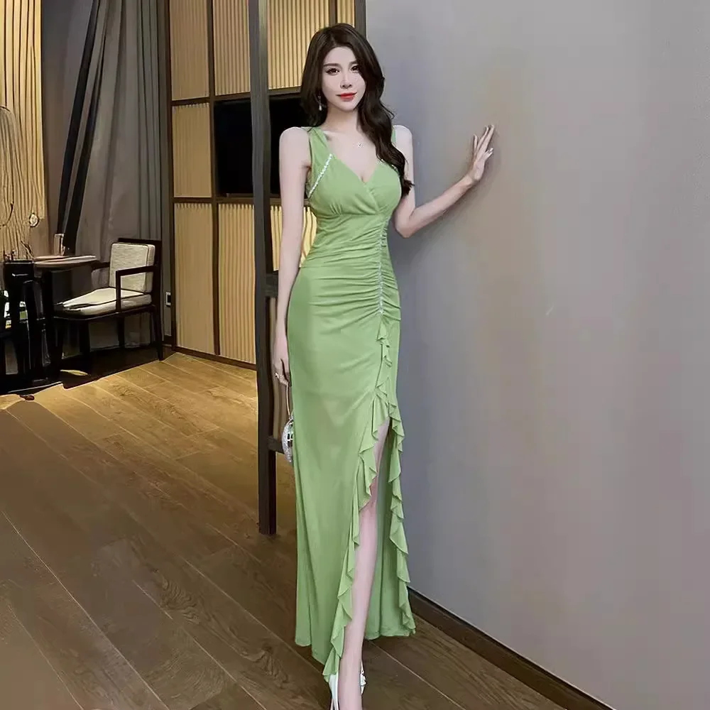 

Nightclub Evening Dress Slit Long Skirt Sexy and Slimming Dress Beauty Salon Foot Bath Foot Massage Spa Technician Work Clothes
