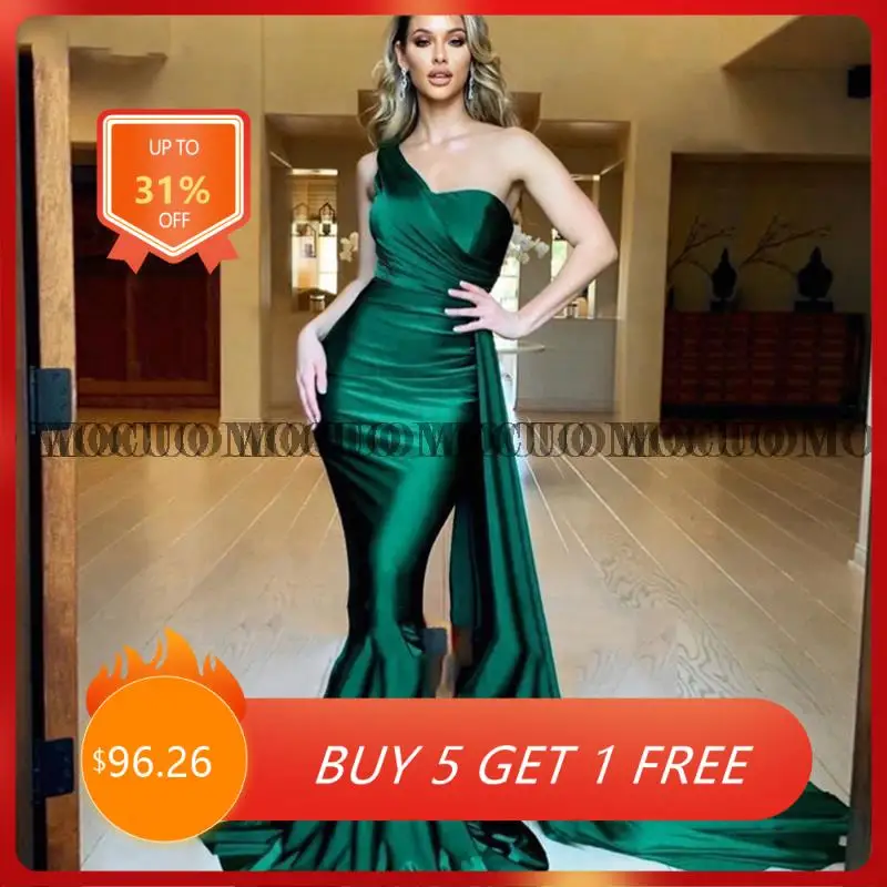 

Sexy Emerald Green Long Mermaid Evening Dresses 2021 One Shoulder Ribbons Satin Formal Dress Wedding Party Gown For Women Custom