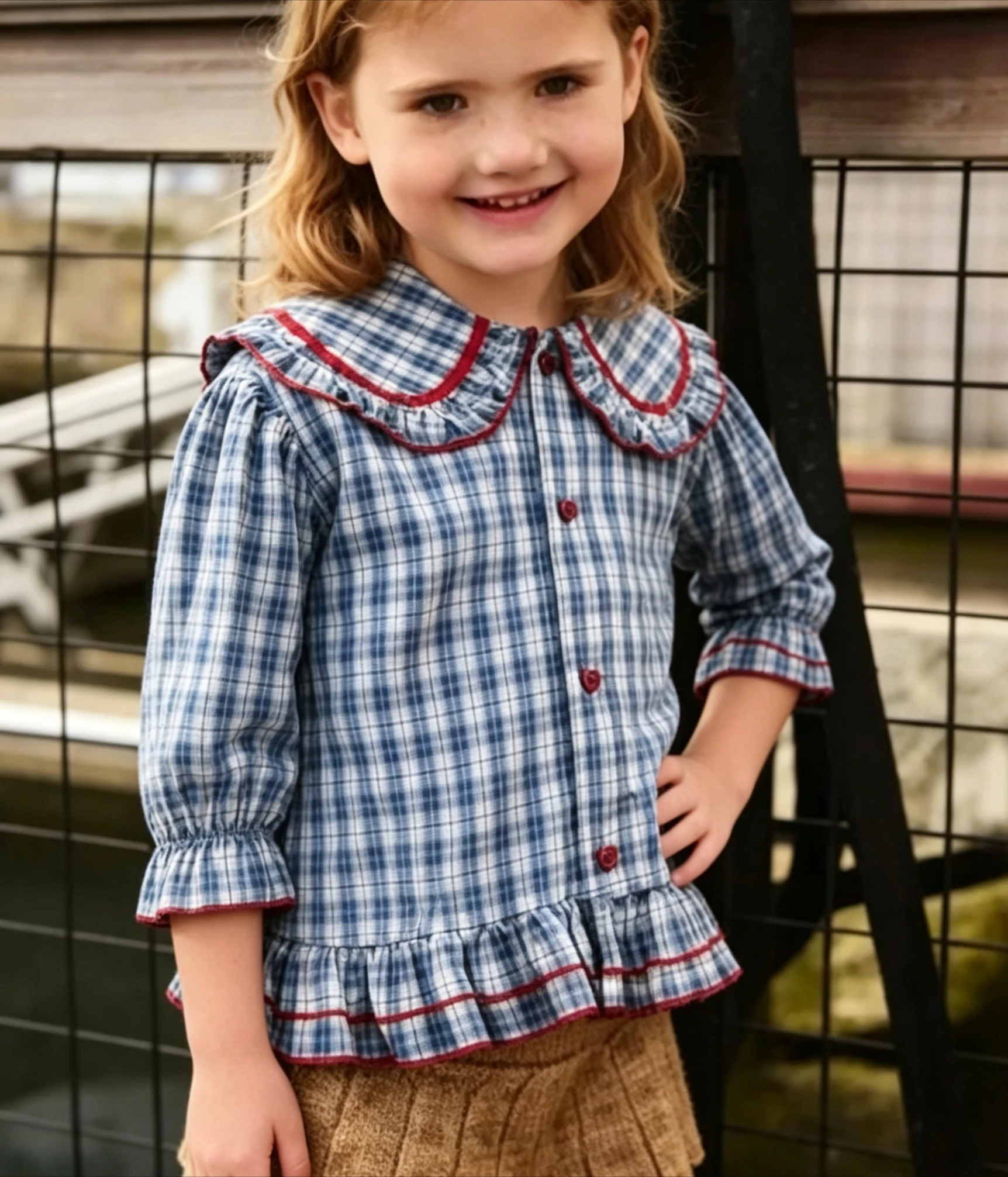 Mädchenkleidung Bubble Langarm-Shirt 2026 Frühling Herbst Neue Kindermode Peter-Pan-Kragen Kariertes Kinderhemd Trend – Detail 4