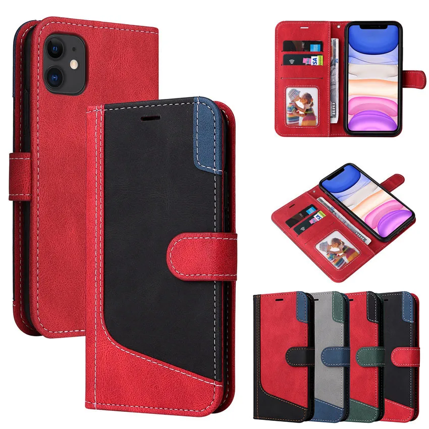 Color Block Splicing Case For iPhone 16 15 14 13 12 11 Pro Max 7 8 Plus X XS XR SE 2 3 MINI Flip Card Slot Wallet Book Cover