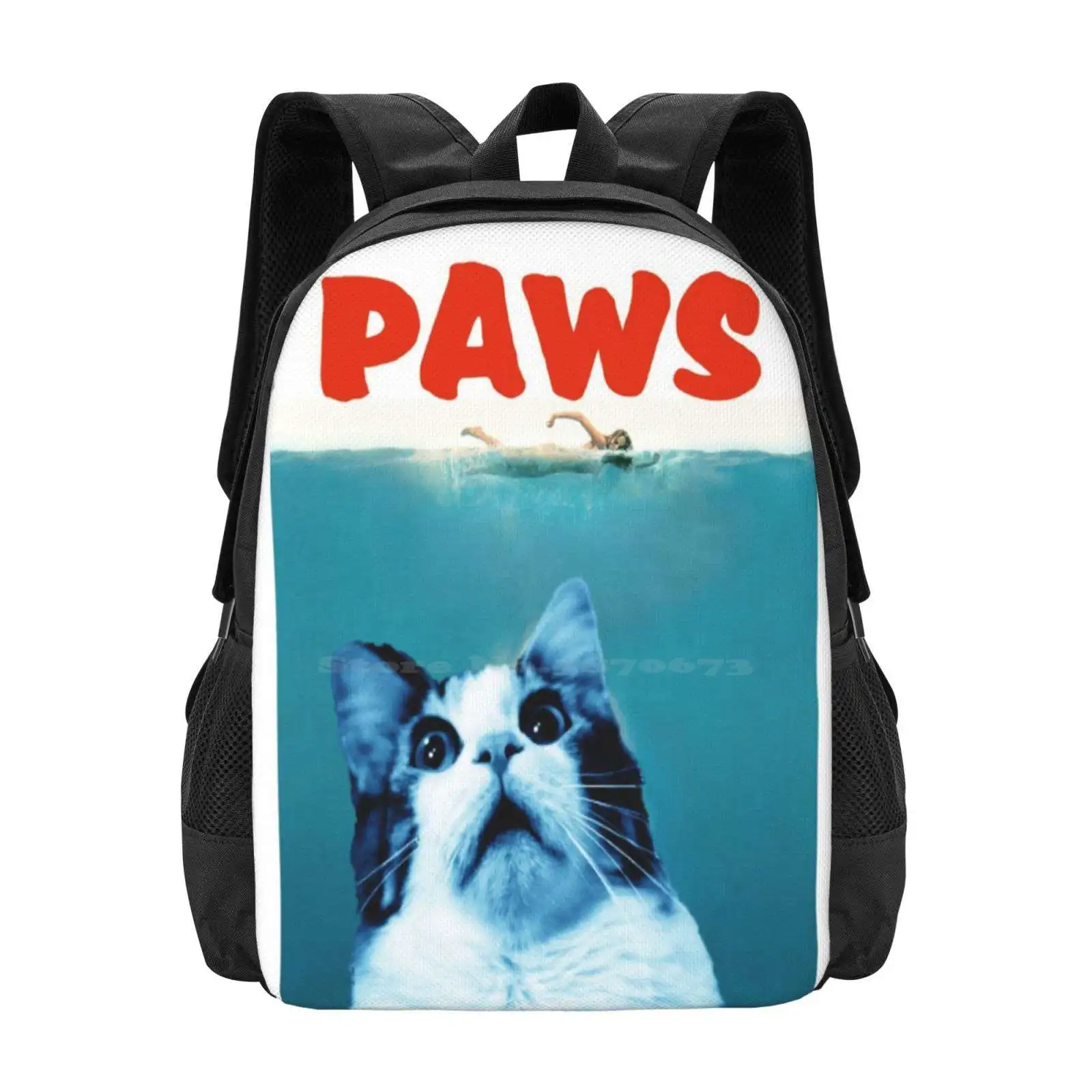 Paws Large Capacity School Backpack Laptop Bags Jaws Film Movie Cat Kitten Cute Shark Water Sea Swim Scary Fluffy Funny Parody