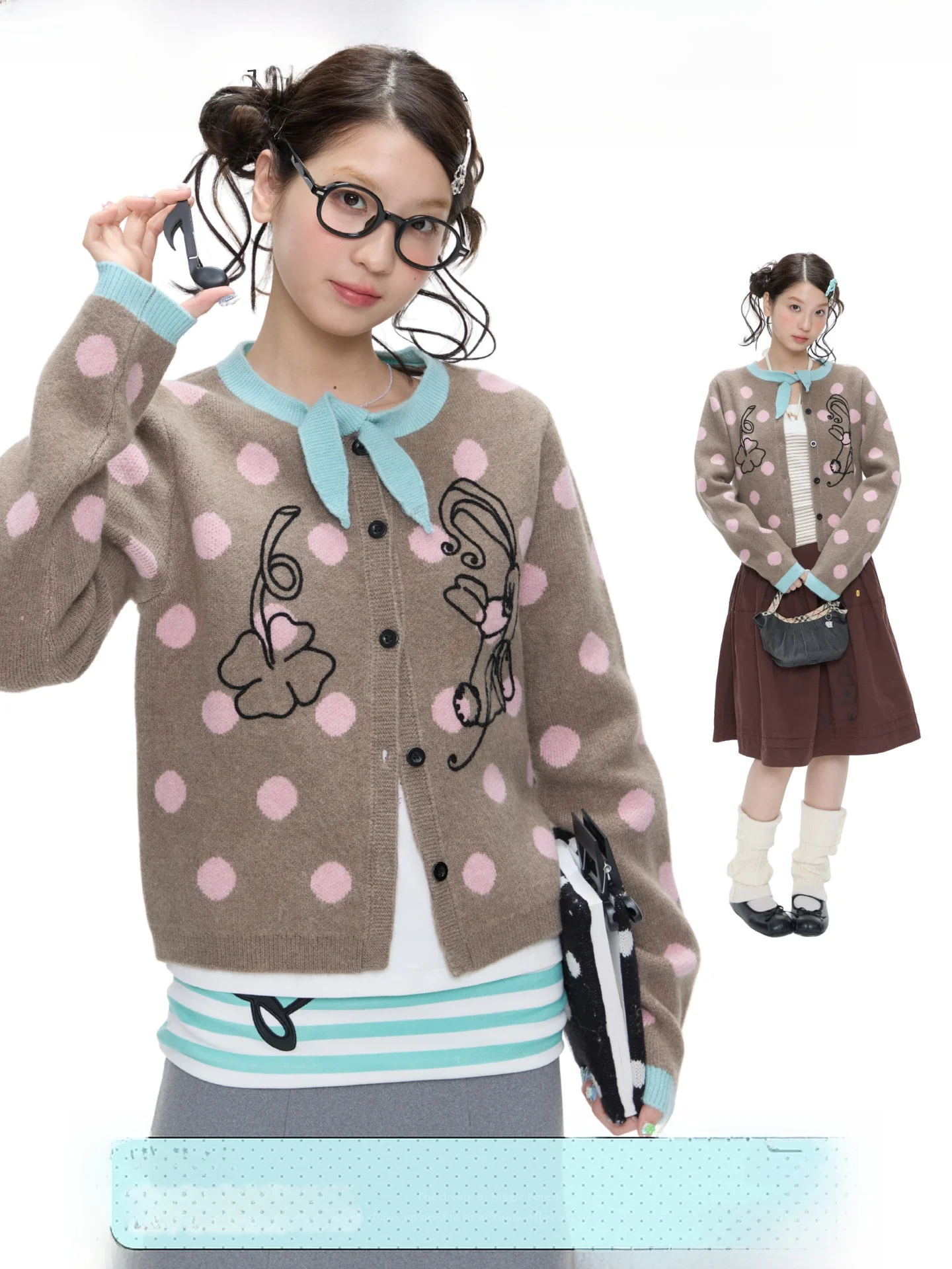 Mint  Soft Cozy Women's Sweater Cardigan Checkered Bow Dot Pattern Casual Style Long Sleeve round Neck Spring Fashion