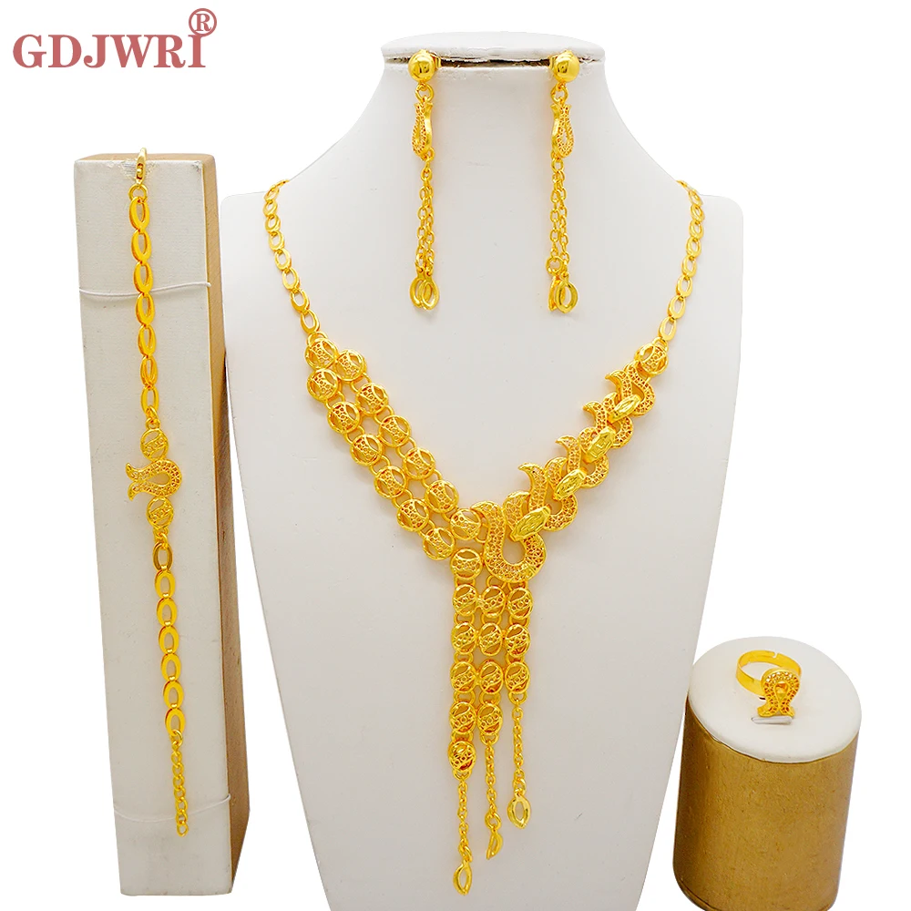 

Fashion Ethiopian Tassel Gold Color Jewelry Sets For Women Arabic Wedding Indian Dubai Necklace Bracelet Earring Ring Set Gifts