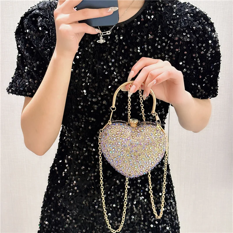 2024 New Heart Luxury Evening Dinner Clutch Bag Water Droplet Diamond Wedding Party Handbag Love Chain Underarm Crossbody Bag