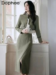 Elegant Lady Skirt Sets Spring New Stand Collar Frill Stitching Long Sleeve Short Jacket High Waist Slit Skirt High Sense Suit