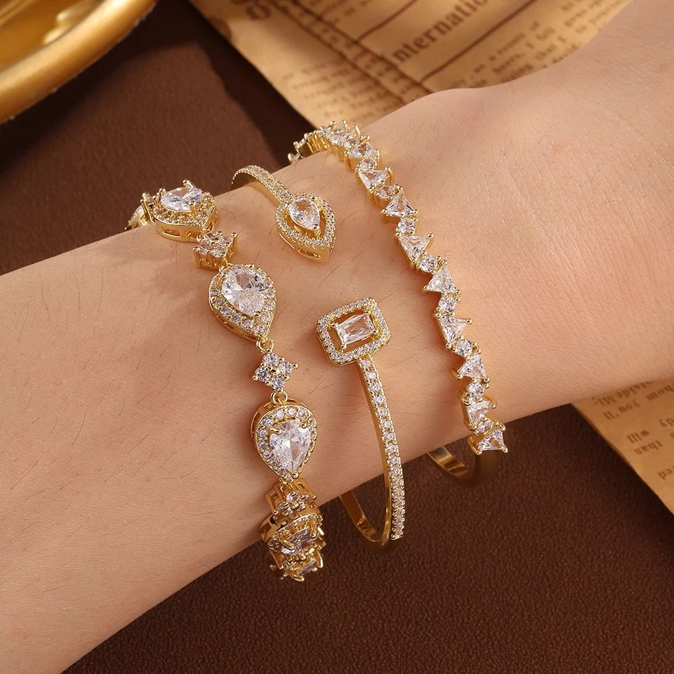 Classic Adjustable Water Drop Zircon Bracelet Bangles For Women In Silver Gold Aesthetic Wedding Jewelry For Bride
