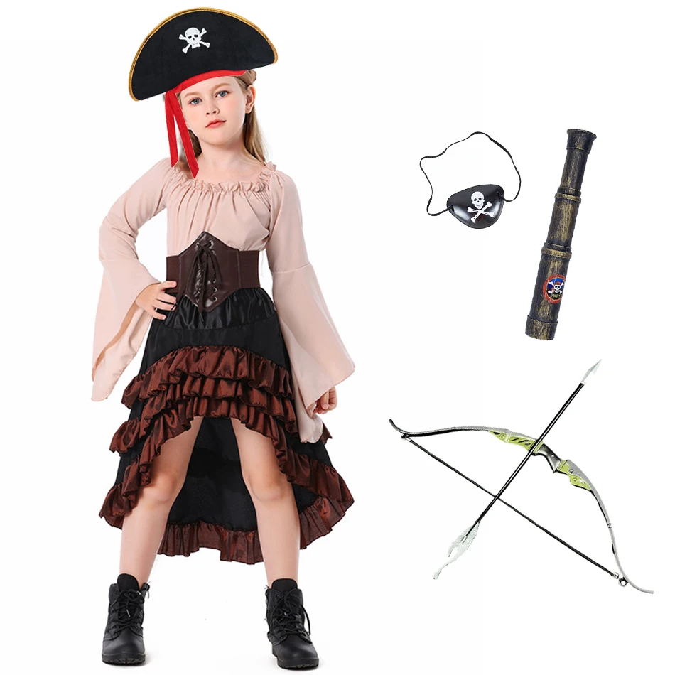 

Детский пиратский костюм на Хэллоуин для девочек, милый наряд с рукавами-колокольчиками для ролевых игр, корсет, юбка с рюшами, 2 цвета для платья Пурима