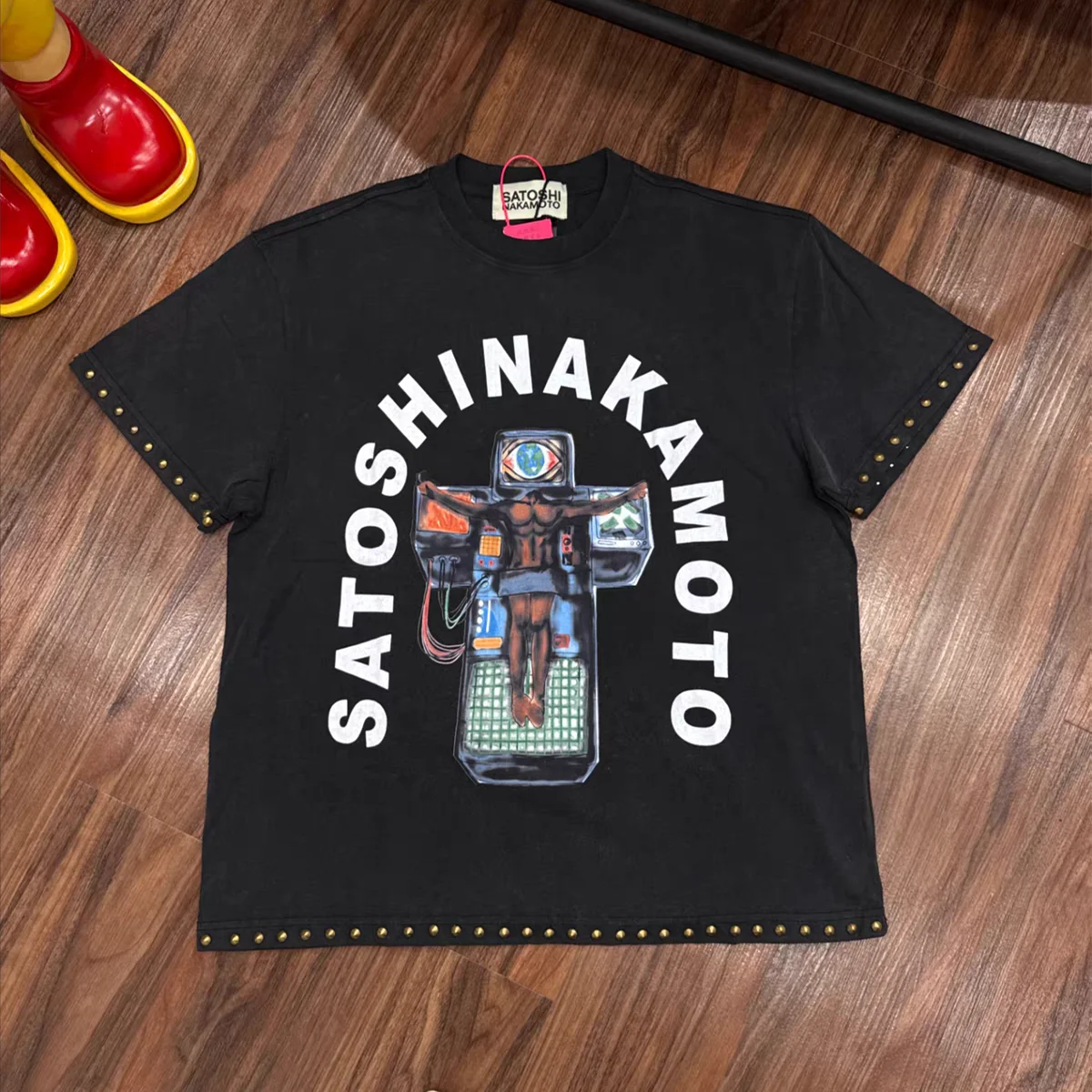 Washed Satoshi Nakamoto Welcome To The Machine Studded Logo T Shirt Men Women Heavy Fabric Unisex Tee Tops T-Shirt