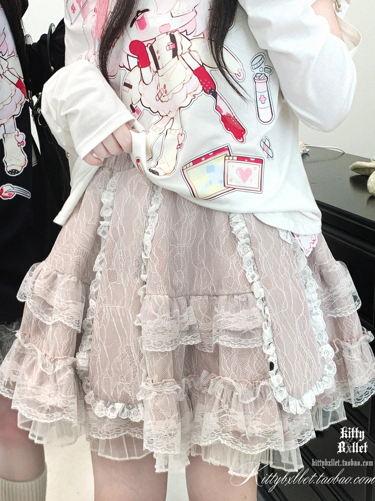 

Japanese Original Double Layered Lace Edge Mini Skirt Autumn New Sweet Girl Elastic Waist Lolita Puff Skirt Cute Core Y2k Skirt