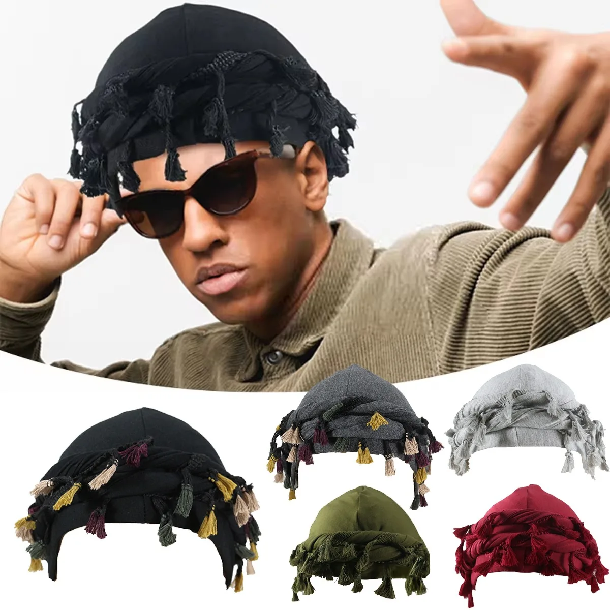 

Men Hat Punk Burr Trim Twisted Tail Fringe Cotton Bandana Hop Turban Hats Head Wrap Beanie Cap Solid Color Kerchief Beanies